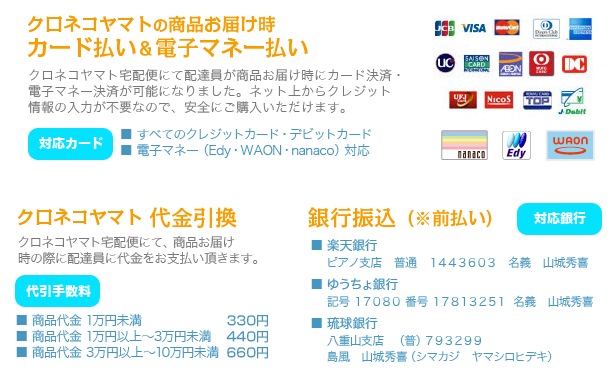 VISA・MASTERなど全クレジットカードとデビットカード＆Edy・WAON電子マネーで商品お届け時決済対応。